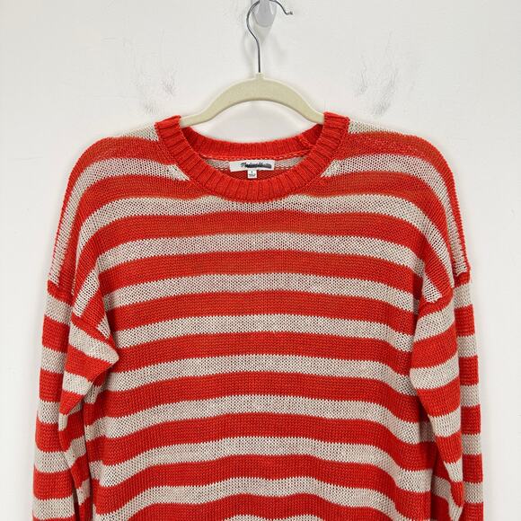 Madewell Linen Drop Shoulder Sweater Bright Flame Striped Nautical Small - Picture 8 of 14
